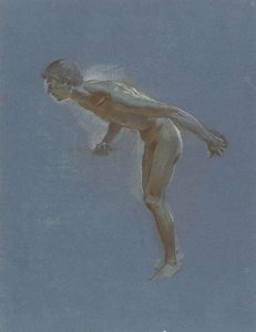 Un desnudo masculino, inclinado hacia adelante, sosteniendo una barra